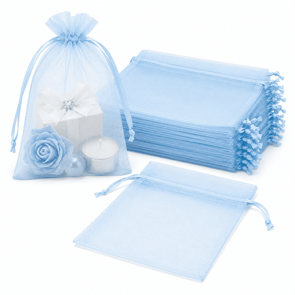 Light Blue Organza Drawstring Gift Bags, Sheer Mesh for Jewelry, Candy, Party Favors and Family Gifts, 5 x 7 in, 100 PCS