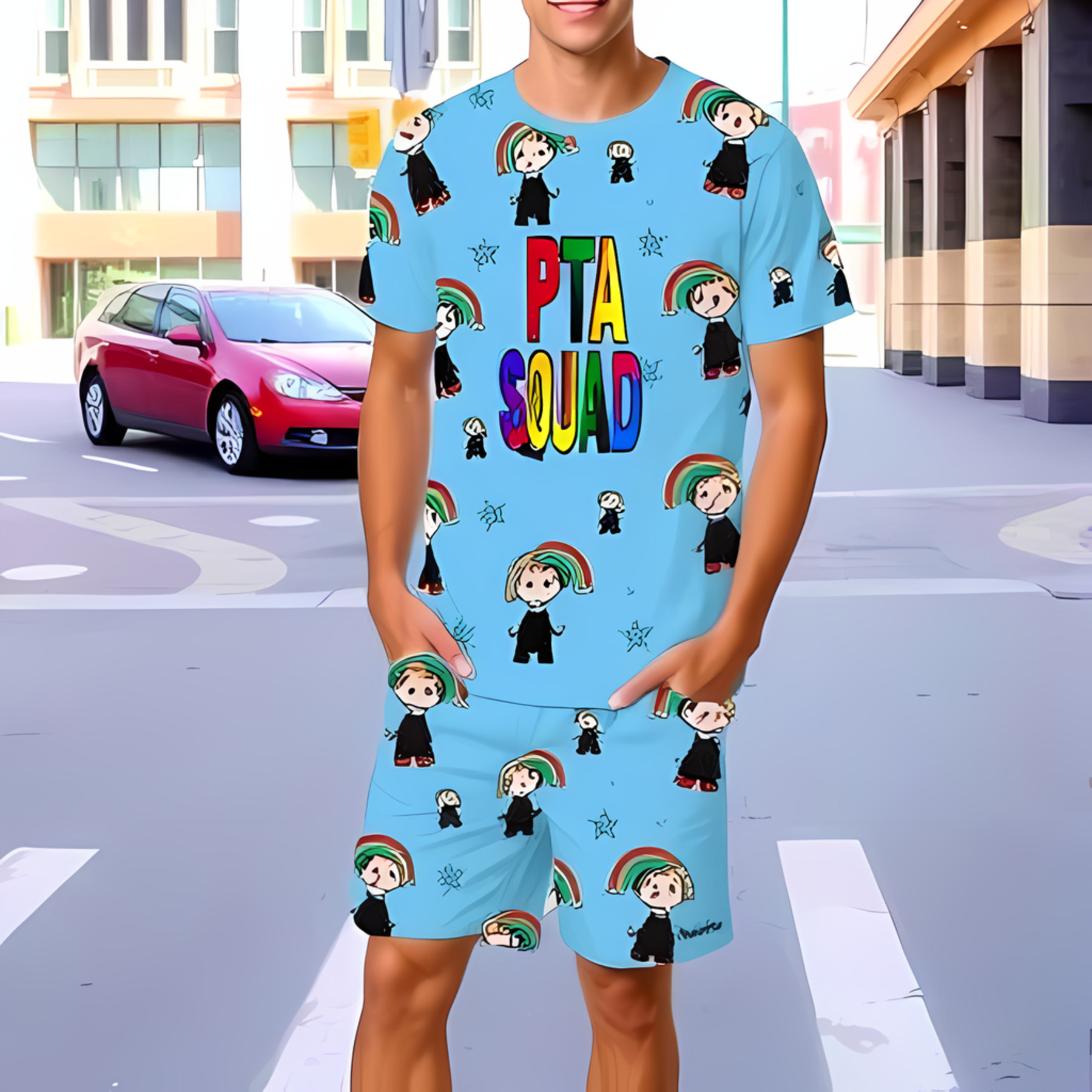 Light Blue Pajama Set for Men - Cartoon Figures with Rainbow Halos ...