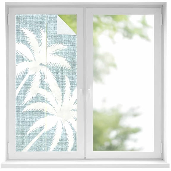 Light Blue Palm Tree Window Privacy Film, Summer Tropical Beach Country Tree Leaf Linen Texture Frosted Glass Window Clings Static Cling UV Heat Blocking Reusable Sticker for Bathroom 17.7x39.3 Inch