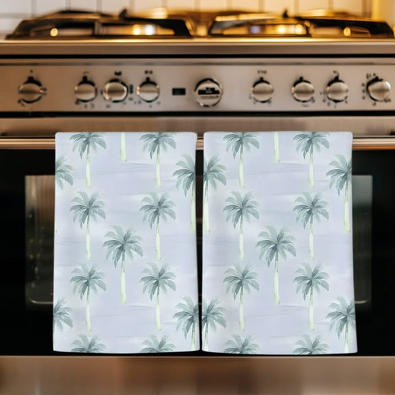 Light Blue Palm Trees Kitchen Towels Set of 1, Summer Tropical Botanical Leaves Absorbent Dish Towels for Kitchen, Microfiber Hand Towel, Quick Drying Tea Towel for Cleaning Decorative Dishcloths