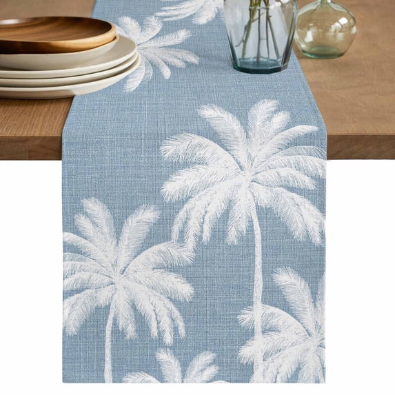 Light Blue Palm Trees Table Runner 108 Inches, Farmhouse Tropical Summer Beach Bed Runner Dresser Scarves Tabletop for Indoor Outdoor Parties/Ceremony/Banquet, 13"x 108"