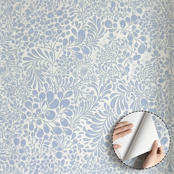 Light Blue Pastoral Floral Wallpaper Boho Vintage Farmhouse Self Adhesive and Removable Waterproof Home Decor for Living Room Bedroom Kitchen Cabinet Drawer Dorm Room 17.7 * 118 in