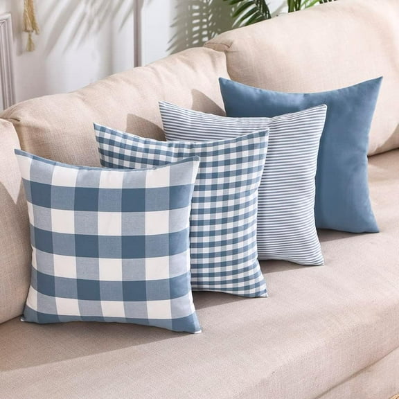 Light Blue Pillow Covers Farmhouse Plaid Throw Pillows 18x18 Set of 4 Spring Summer Blue Decorative Pillow Neutral Decor for Couch Sofa and Porch Chair, Gray Blue