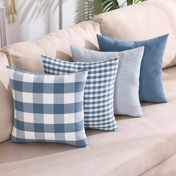 Light Blue Pillow Covers Farmhouse Plaid Throw Pillows 18x18 Set of 4 Spring Summer Blue Decorative Pillow Neutral Decor for Couch Sofa and Porch Chair, Gray Blue