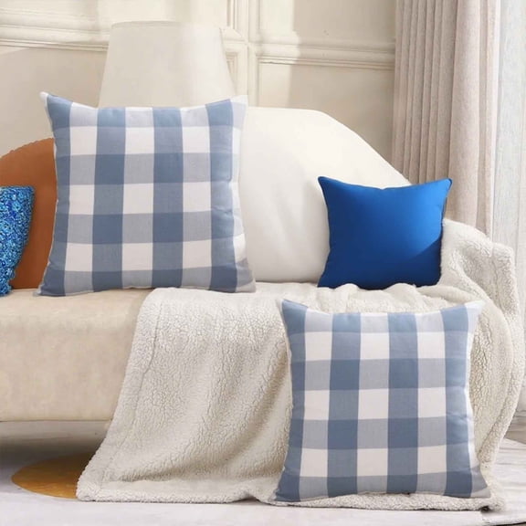 Light Blue Pillow, Featuring Checkered and Striped Designs, Neutral Decor, 18x18 Spring/Summer Decorative Pillow, Suitable for Sofas, Chairs, and Porch Chairs