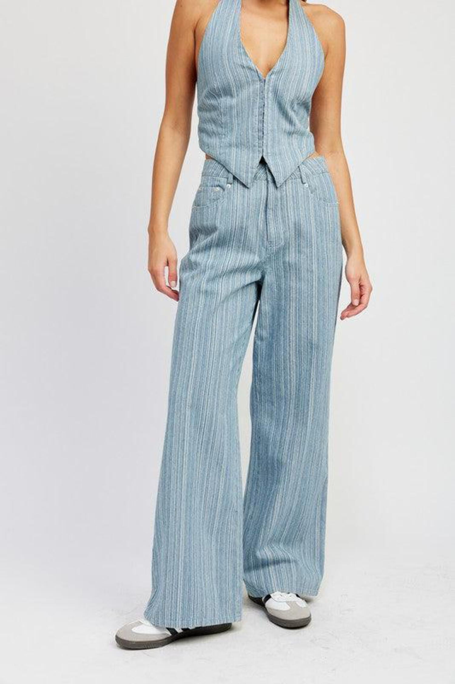 Light blue pinstripe pants deals