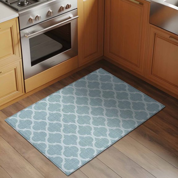 Light Blue Plaid 2x3 Rug for Entryway Front Door Kitchen Sink Area, Retro Country Moroccan National Geometrical Plaid Low Pile Washable Non Slip Rectangle Area Rug