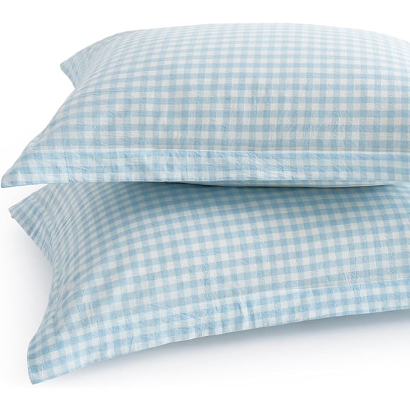 Light Blue Plaid Gingham Pillowcases, 20x36 Inches, Set of 2 | Pure Cotton, King Size Pillow Shams, 2 Inch Edge, Linen Like Feel