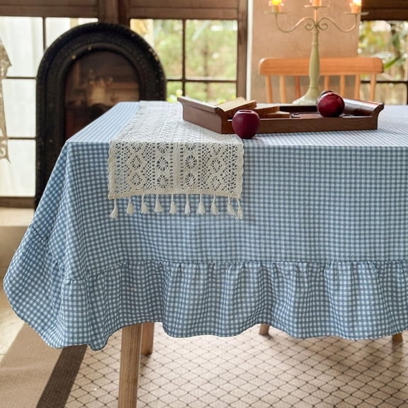 Light Blue Plaid Gingham Ruffled Tablecloth Rectangle, Washed Cotton Blended Checkered Table Cover for Dining Room or Kitchen, Fits 4-6 Seater Table 52"x 70"
