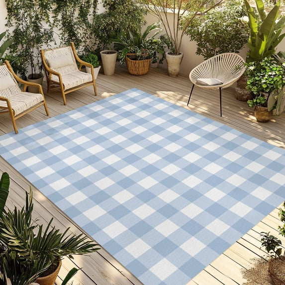 Light Blue Plaid Outdoor Rug for Patio/Deck/Porch, Non-Slip Large Area Rug 3 x 5 Ft, Modern Minimalist Country Indoor Outdoor Rugs Washable Area Rugs, Reversible Camping Rug Carpet Runner