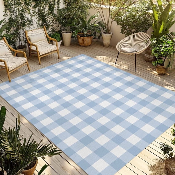 Light Blue Plaid Outdoor Rug for Patio/Deck/Porch, Non-Slip Large Area Rug 3 x 5 Ft, Modern Minimalist Country Indoor Outdoor Rugs Washable Area Rugs, Reversible Camping Rug Carpet Runner