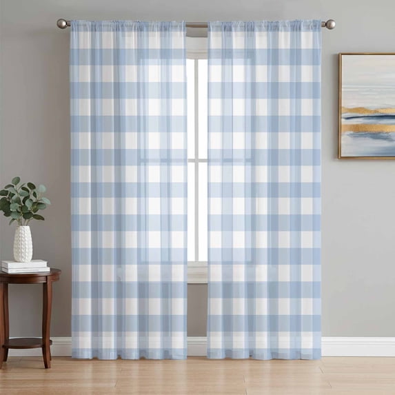 Light Blue Plaid Sheer Curtains 96 Inch Length 2 Panels Set, Modern Minimalist Country Voile Window Treatment Semi Sheer Long Curtains Drapes for Bedroom/Living Room/Kitchen 52"x96"x2
