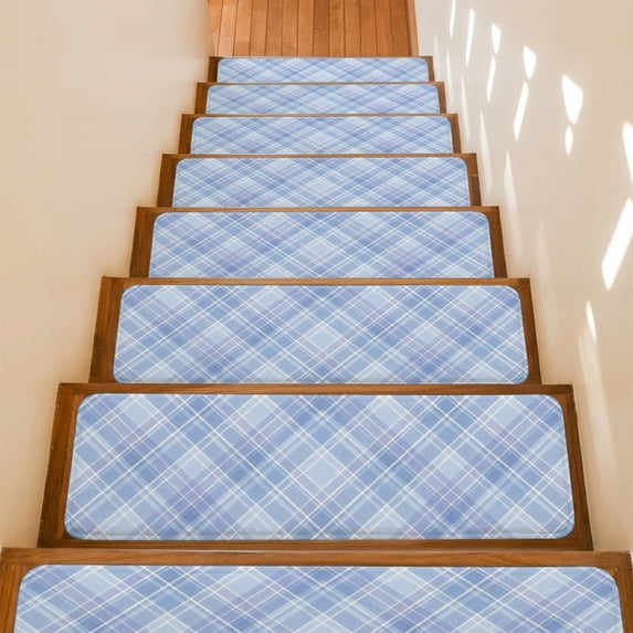 Light Blue Plaid Stair Treads Non Slip for Steps Rustic Farmhouse Abstract 10 Pcs Reusable Adhesive Stair Runner Mats for Dogs Elders Carpet Treads Rugs for Staircase 8x30 In