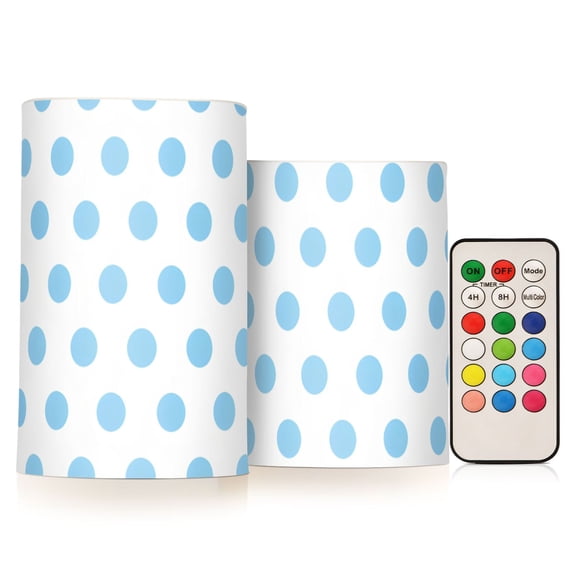 Light Blue Polka Dot Flickering Flameless LED Candles set of 2 Battery Operated 18-Key Remotes Timer Halloween Fall Decor D3''xH4''5''