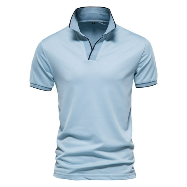 Light Blue V Neck Polo Shirt for Men, Casual Solid Cotton, Short