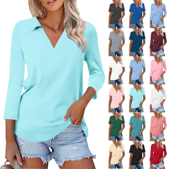 Light Blue Polo Shirts Women 3/4 Sleeve V Neck Collared Tops Loose Trendy Beach Casual Tees Summer, 3XL
