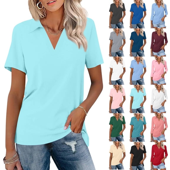Light Blue Polo Shirts Women Short Sleeve V Neck Collared Tops Loose Trendy Beach Casual Tees Summer, M