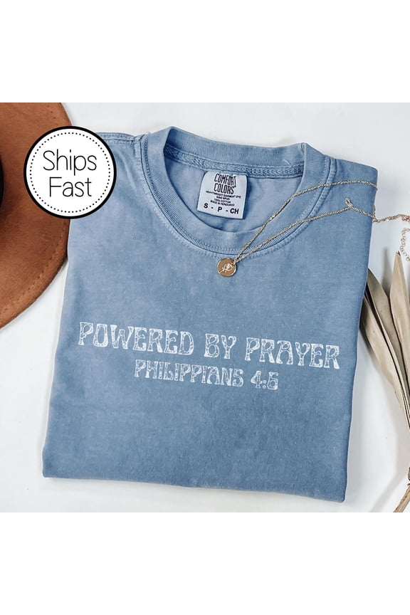 Light Blue Powered by Prayer Philippians 4:6 Christian Tech Faith Tee - Comfort Colors for Everyday Inspiration