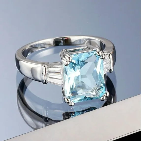 Light Blue Princess Cut AAA CZ Wedding Band 925 Silver Engagament Ring Size 6-10