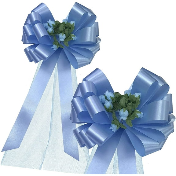 Light Blue Pull Bows with Tulle Tails and Rosebuds - 8" Wide, Set of 6, Easter, Wedding Pew Bows, Aisle Decoration, Reception