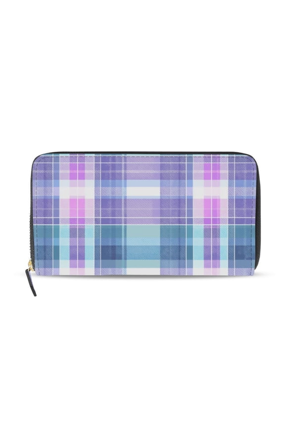 Light Blue Purple Colored Checkered Pattern Women's Long Zipper Wallet Bifold Clutch Purse PU Leather Card Cases