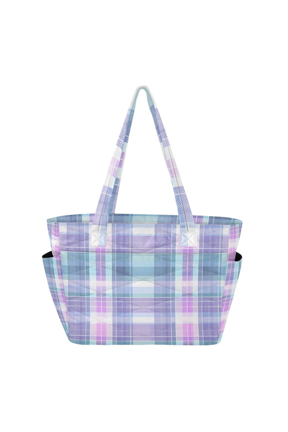 Light Blue Purple Colored Checkered Pattern Women's Quilted Tote HandBag Beach Bag Shoulder Bag with Luggage Strap 18L for Commute Gym Travel
