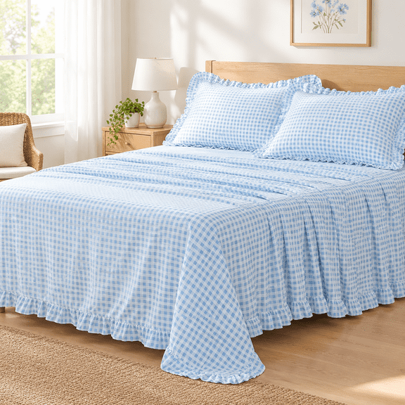 Light Blue Queen Gingham Ruffled 4-Piece Microfiber Bed Sheet Set