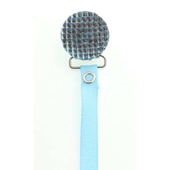 Light Blue Quilted Crystal Pacifier Clip with Solid Ribbon