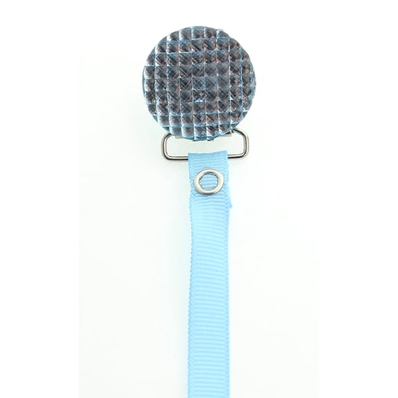 Light Blue Quilted Crystal Pacifier Clip with Solid Ribbon