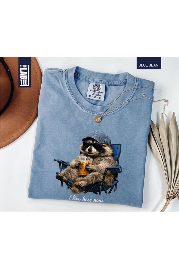 Light Blue Raccoon I Live Here Now Comfort Colors T-Shirt for Game Day Fun