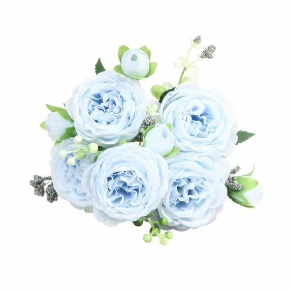 Light Blue Ranunculus Artificial Flowers with 5 Large Blooms and 4 Buds, 12.6 Inches Tall, for Wedding and Home Centerpiece, Faux Flower Bouquet