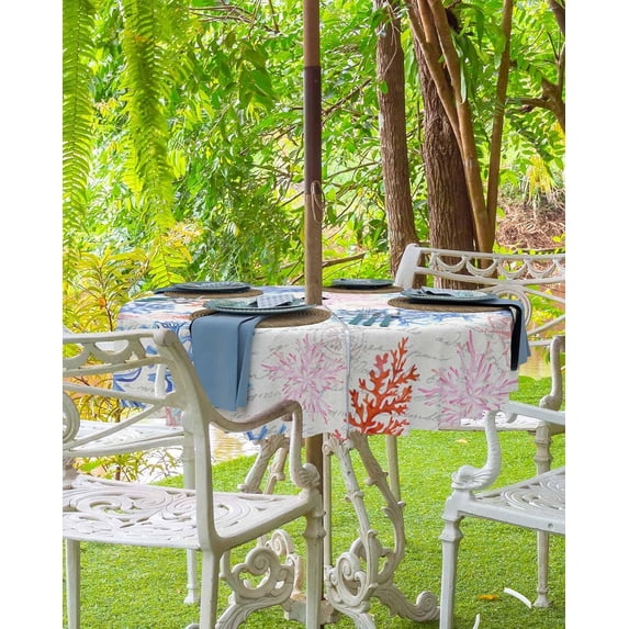 Light Blue Red Coastal Outdoor Tablecloth - 60 Inch Round Dining Table Cover, Ocean Nautical Anchor Beach Coral Waterproof Outdoor Table Cloth with Umbrella Hole & Zipper for Picnic/Patio