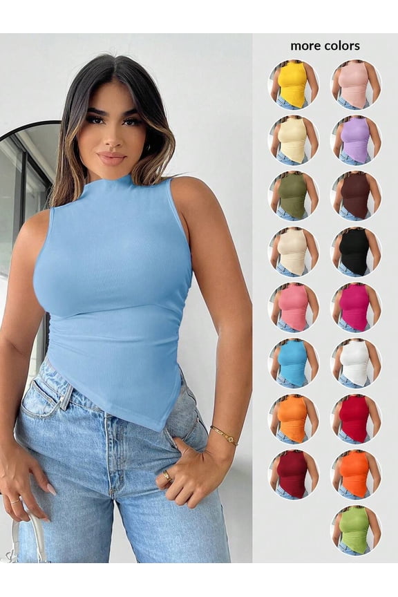 Light Blue Ribbed Mock Neck Asymmetrical Hem Tank Top For Women