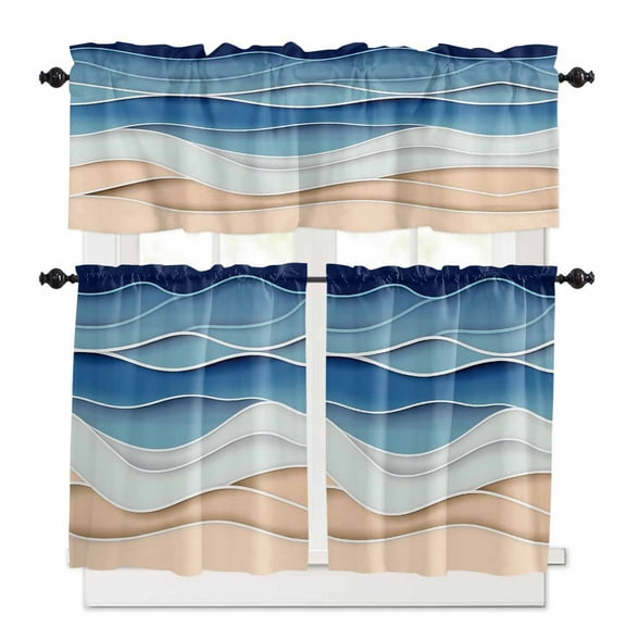 Light Blue Ripple Kitchen Curtains and Valances Set, Light Blue Gradient Abstract Line Rod Pocket Window Valance 18 Inch Window Curtain Panels for Living Room Bedroom Laundry, 27.5x24in, 3 Pieces