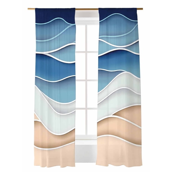 Light Blue Ripple Sheer Curtains 2 Panels Set Light Blue Gradient Abstract Line Lihgt Filtering Rod Pocket Voile Drape, Semi Sheer Window Curtains for Bedroom Living Room, 52"x108"
