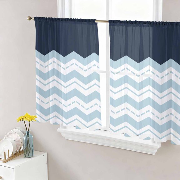 Light Blue Ripple Sheer Curtains for Living Room Bedroom, Striped Simple Light Filtering Sheer Curtain Rod Pocket Voile Window Treaments Drapes, 52 x 54 Inches