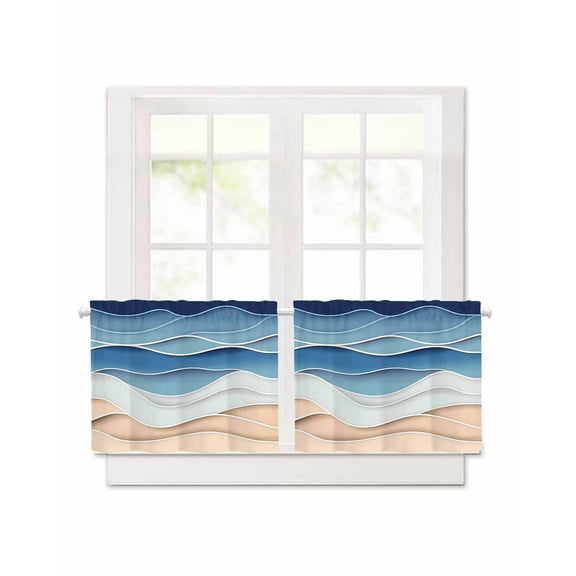 Light Blue Ripple Short Blackout Curtains 24 Inch Long Light Blue Gradient Abstract Line Rod Pocket Kitchen Curtains, 2 Panels Thermal Insulated Room Darkening Drapes for Bedroom, 30"W x 24"L