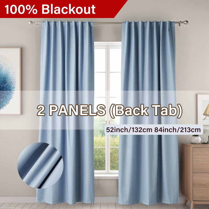 Light Blue Room Darkening Blackout Curtains with Back Tab Hanging Loops ...