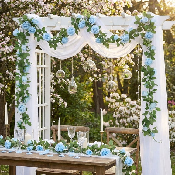 Light Blue Rose Artificial Garland - Floral Vine with Faux Roses, Flexible Design, Realistic Blooms, Perfect for Wedding/Easter/Party Table Decor, Spring Home Indoor Outdoor Decor, 6.6ft, Bule