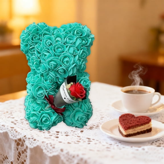 Light Blue Rose Bear with Bouquet - Artificial Flower Decoration, Gift for Girlfriend, Birthday, Valentine's Day, Office Desk, Home Decor