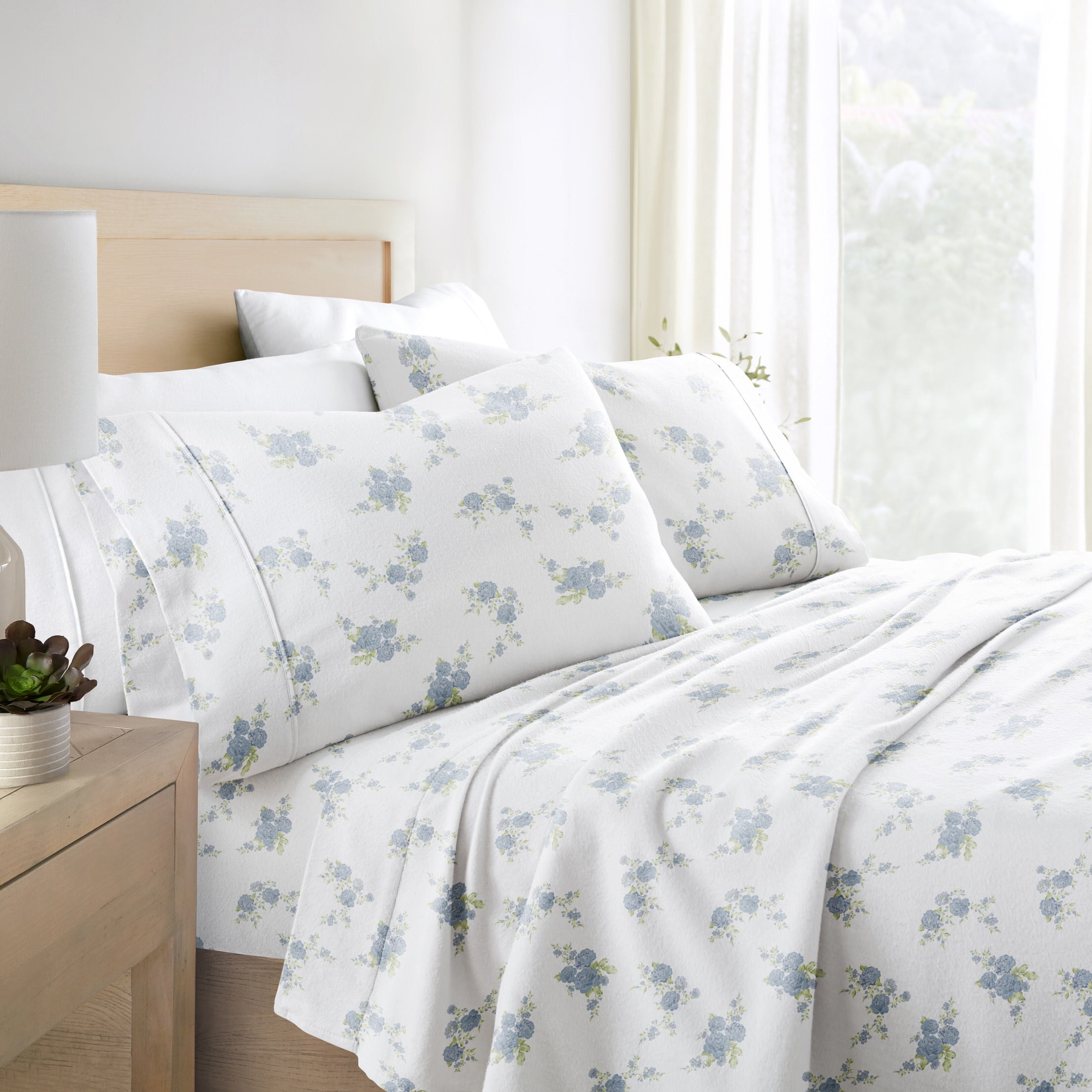 Light Blue Floral Cotton Flannel Queen Sheet Set