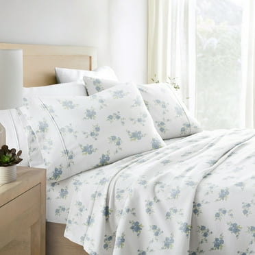 Light Blue Rose Bunch 4 Piece 100% Cotton Flannel Deep Pocket Sheet Set, Queen, by Noble Linens