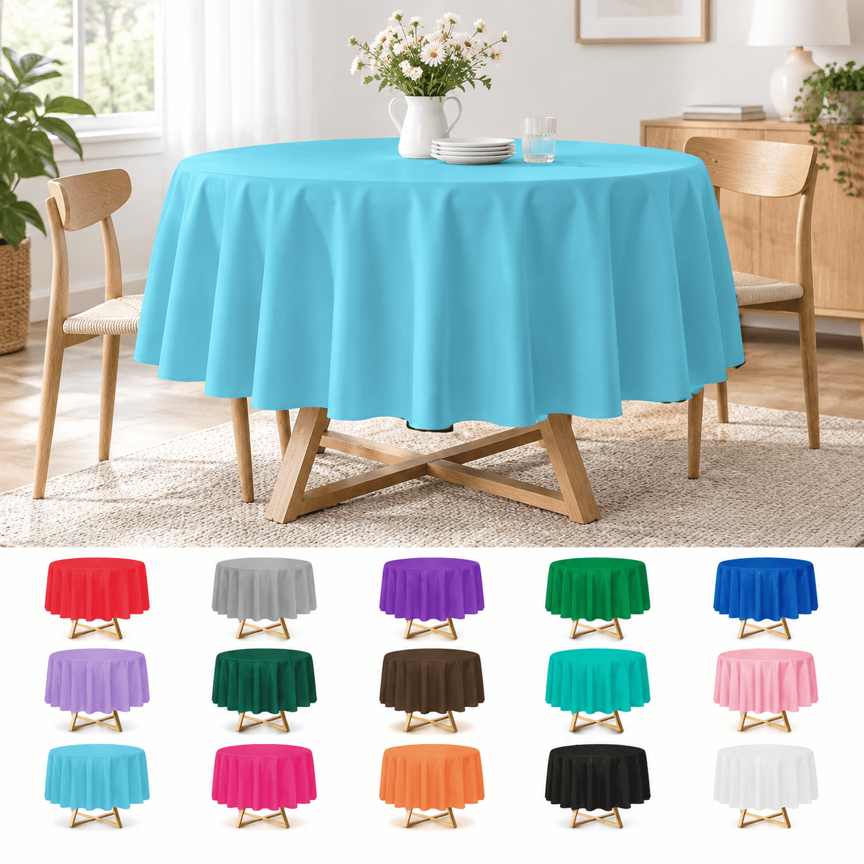 Light Blue Round 84 Inch Disposable Plastic Tablecloths, 12 Pack For ...