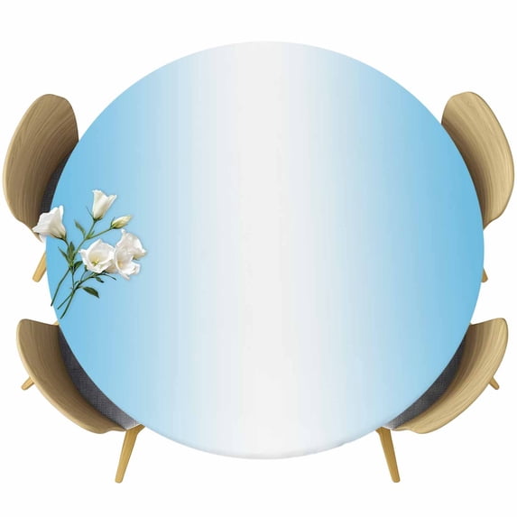Light Blue Round Fitted Table Cover and White Gradient Waterproof Table Cloth with Elastic Edge Wipeable Tablecloth for Picnic Camping Party Fits 55"-60" Diameter