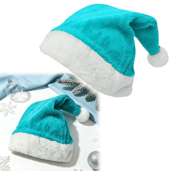 Light Blue Santa Hat for Unisex, Non-woven Polyester Christmas Hat with White Cuff, Soft Xmas Headwear for Holiday Party Decoration