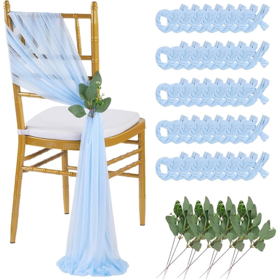 Light Blue Sashes Wedding Chair Decorations: 50PCS Tulle Chair Cover Bands Aisle Sheer Bows for Birthday Party Banquet