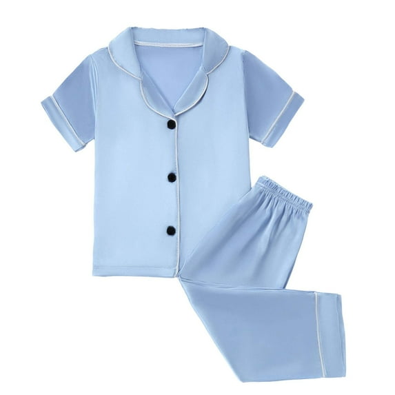 Light Blue Satin Pajamas,Toddler Pajamas with White Trim Details Button Down Homewear Set 2 PC Pjs Sleepwear Outfits Pajamas For Kids 2-3 Years