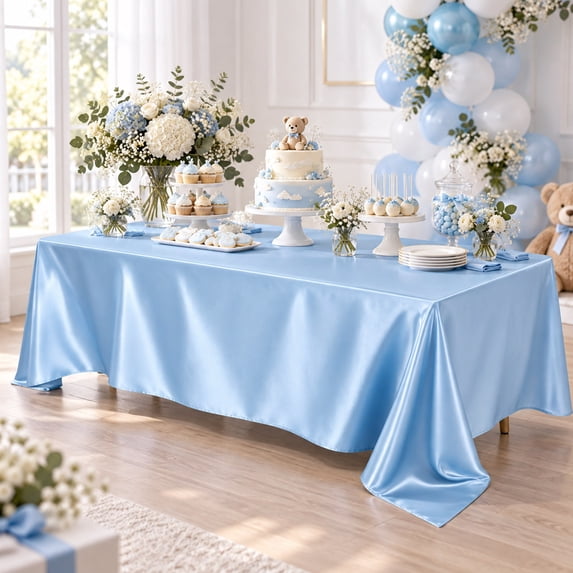 Light Blue Satin Tablecloth with Rectangular Polyester Design, 57 X 84 Inches, for Wedding and Party Dining, Table Cover