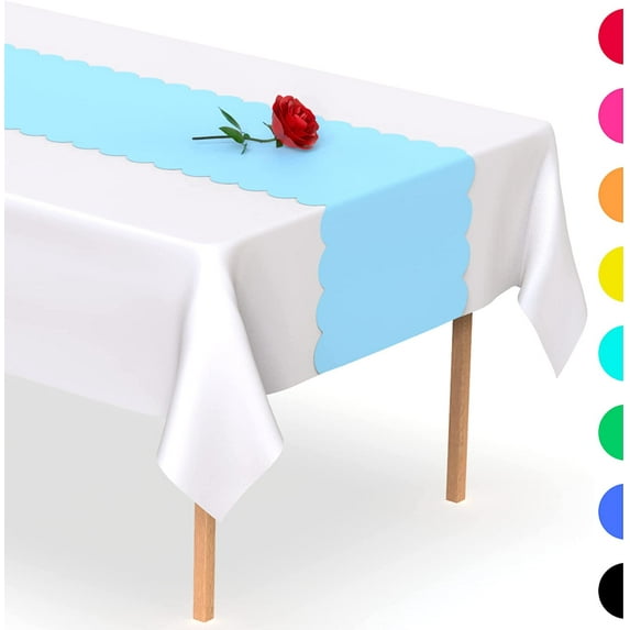 Light Blue Scallop Disposable Table Runner. 5 Pack 14 x 108 inch. Plastic Table Runner Adds A Pop of Color To Your Party Table, by Swanoo