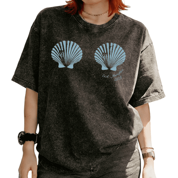Light Blue Seashell Print East Hampton Graphic Breathable Tees T-shirt Short Sleeve Round Neck Black S-2XL Plus Size